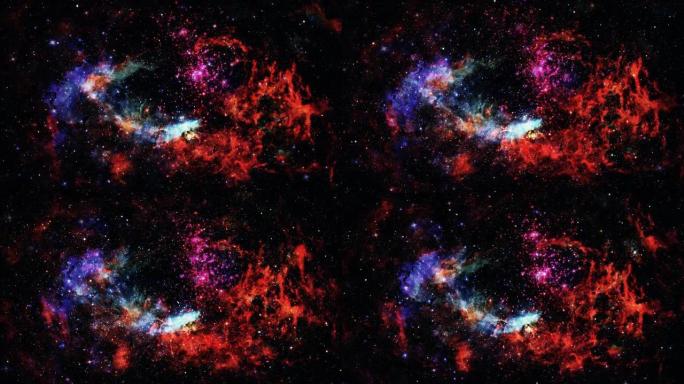 无缝循环七彩太空探索神秘闪烁发光的红色蓝色星云。4K 3D渲染探索之旅飞越星系背景的星域。科幻宇宙太
