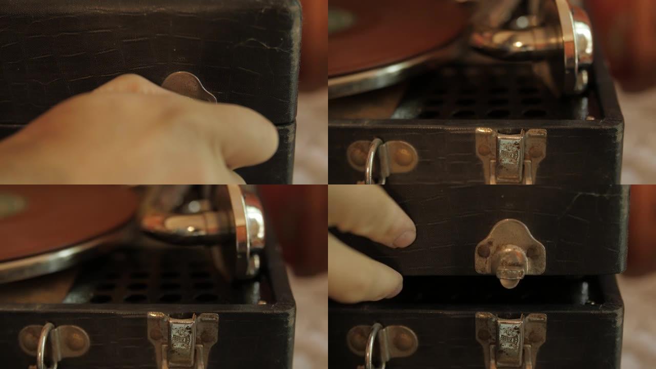 皮革制成的复古电唱机盒