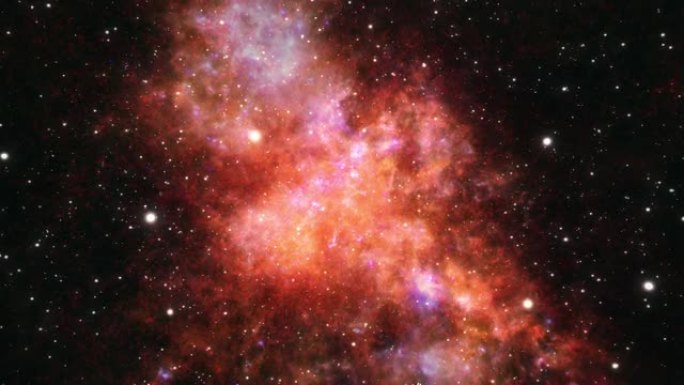 太空探索到深空中发光的粉红色紫色橙色神秘星云。4K 3D无缝循环科幻太空飞行辉光能量气体尘云星云。星