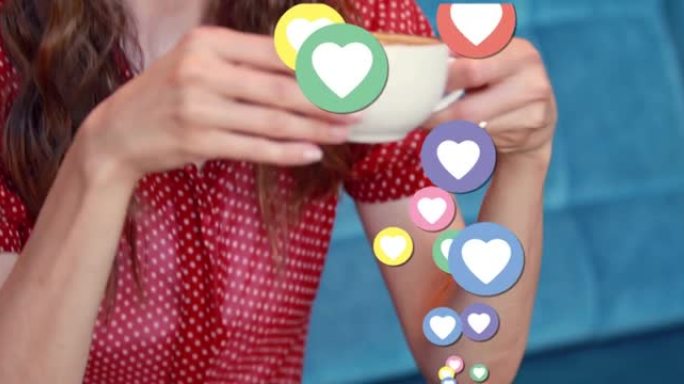 社交媒体心脏图标的动画和喝咖啡的女人的数字