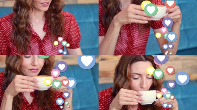 社交媒体心脏图标的动画和喝咖啡的女人的数字