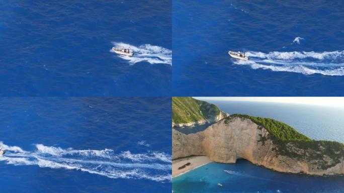 希腊扎金索斯的一艘快艇在蓝海旅行的4k视频鸟瞰图