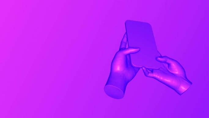 用智能手机旋转3d手。vaporvawe风格粉色和紫色的小工具概念。移动设备可循环渲染
