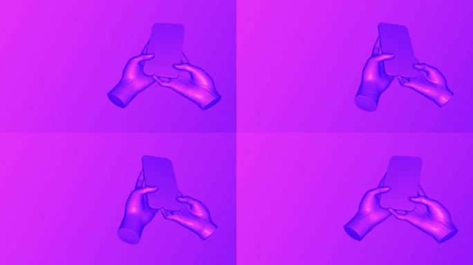 用智能手机旋转3d手。vaporvawe风格粉色和紫色的小工具概念。移动设备可循环渲染