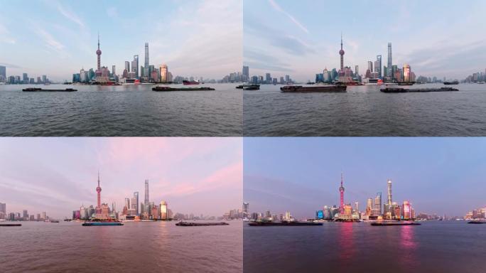 从外滩到晚上的上海天际线，摩天大楼和地标，船只在黄浦江上航行，延时4k镜头。