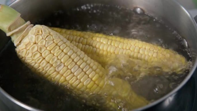 用沸水煮玉米特写。慢动作