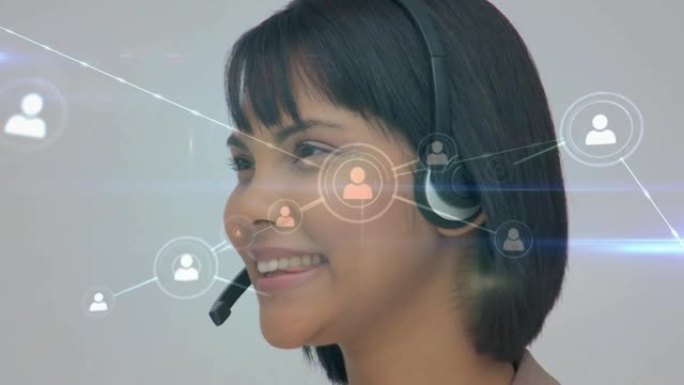 使用电话耳机通过女商人连接网络的动画