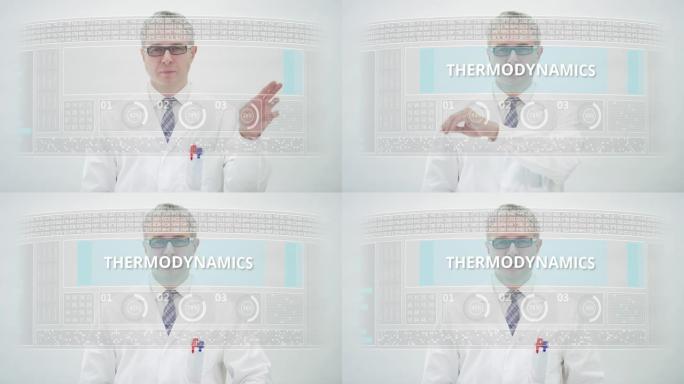 现代触摸屏显示器上的热力学文本和一位穿着白色实验室外套的男性科学家