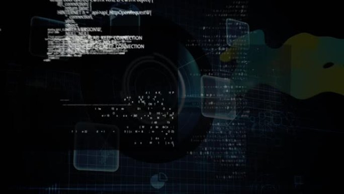 黑色背景上的霓虹蓝色圆形扫描仪数据处理的数字动画