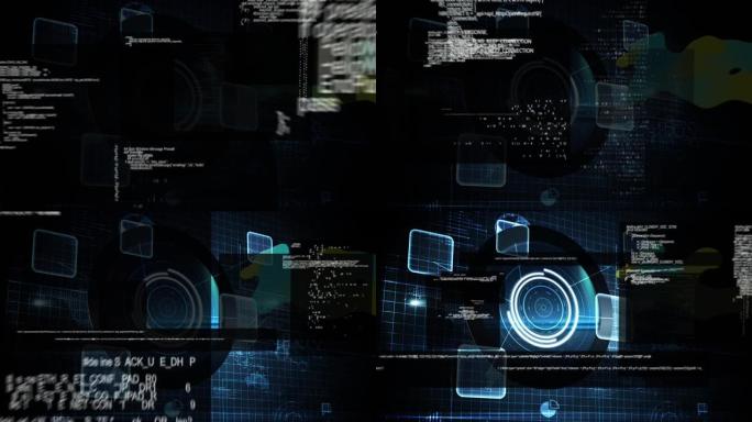 黑色背景上的霓虹蓝色圆形扫描仪数据处理的数字动画