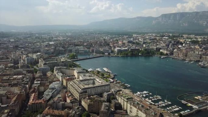 瑞士日间日内瓦湖滨湾城市景观空中全景4k