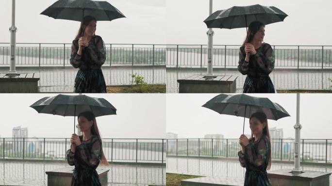 雨中穿着湿衣服的快乐女士躲在黑色雨伞下