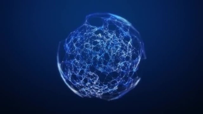抽象明亮的蓝色丛球体背景。球体的出现和消失。工作主题、业务或技术的抽象plexus sphere。