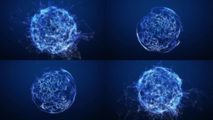 抽象明亮的蓝色丛球体背景。球体的出现和消失。工作主题、业务或技术的抽象plexus sphere。