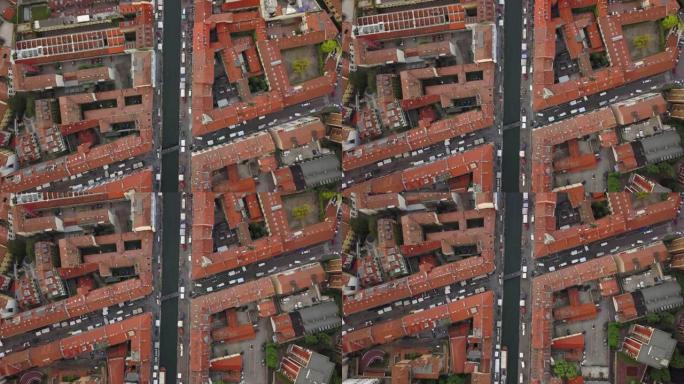 意大利日间米兰城市生活街区屋顶交通街空中向下景观4k