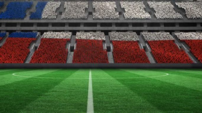 在空荡荡的体育馆中，五彩纸屑掉落在智利国旗上的动画