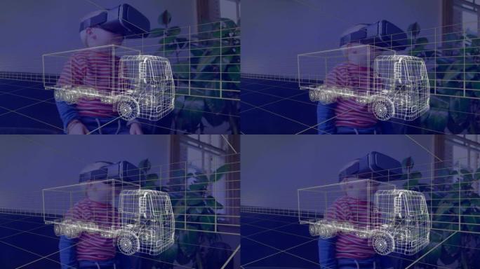 卡车3d技术图动画，男孩在家戴vr耳机