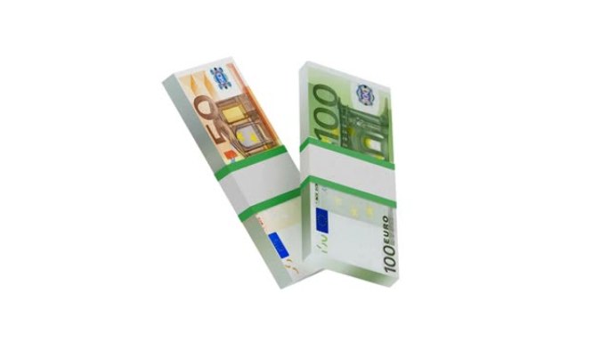 3D动画中的两捆欧元纸币和alpha通道。4K