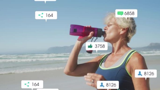 社交媒体通知的动画，海滩上的饮用水