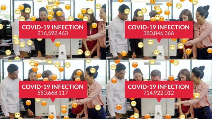 covid 19数据和带有口罩的病态表情符号在带有计算机的商务人士上的动画