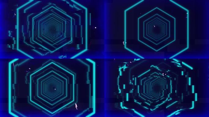 干涉的同心蓝色六边形隧道动画，在蓝色背景上移动