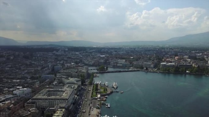 瑞士白天日内瓦湖湾城市景观空中全景4k