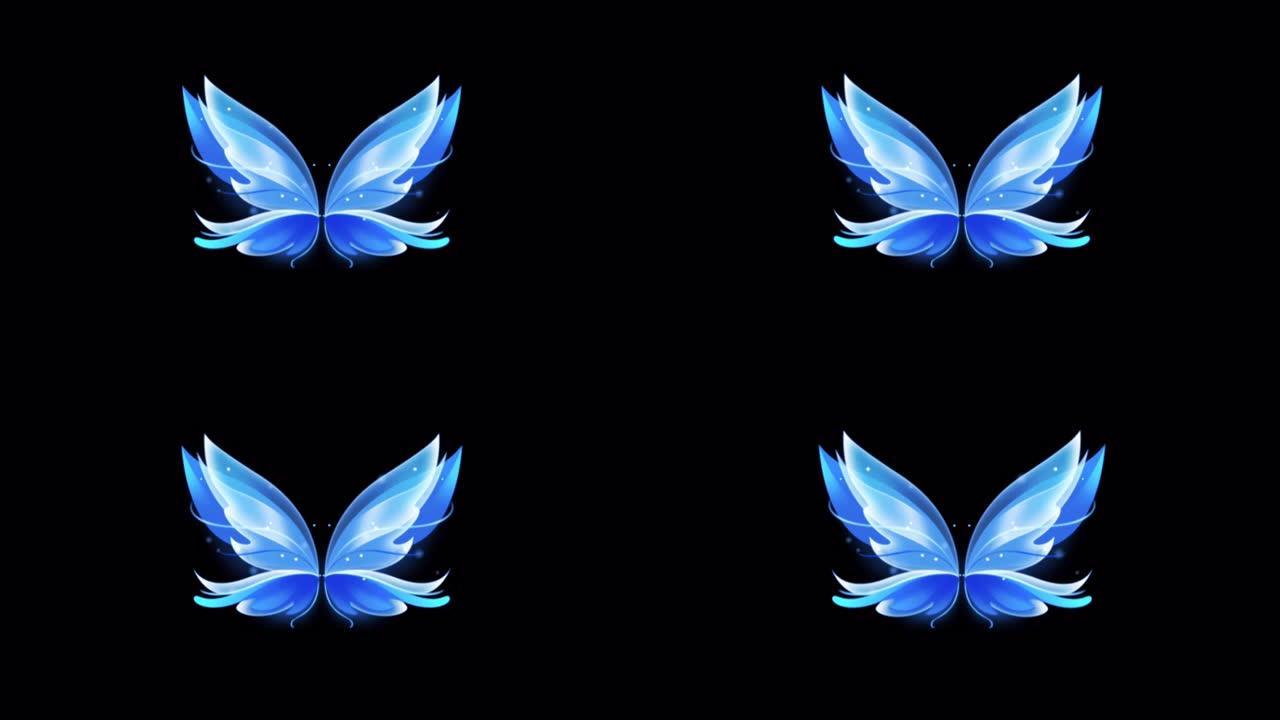 黑色背景上的动画蓝色蝴蝶翅膀幻想风格。