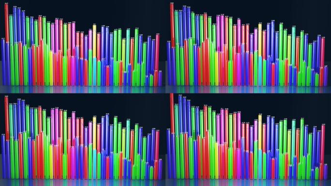 多色条、计数器和图形。具有抽象信息图表，统计数据的分析程序的美丽3d循环背景。3d列在循环中平滑地上