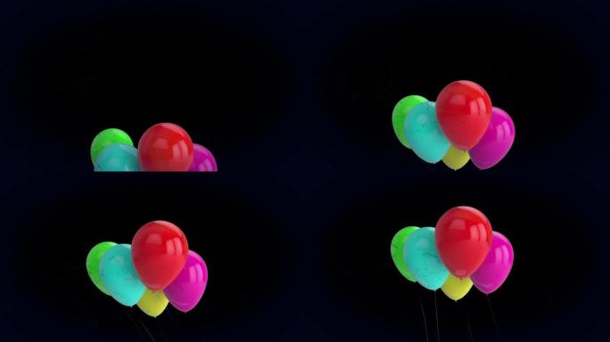 黑色背景上彩色漂浮气球的动画