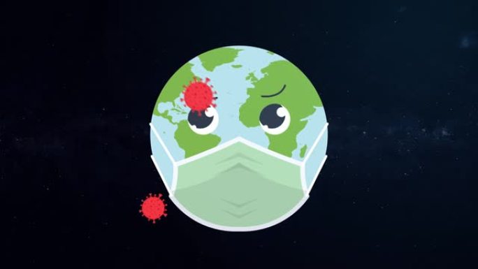 4k循环动画可爱的地球从周围的冠状病毒中带走一个面具害怕。联手帮助防止电晕病毒