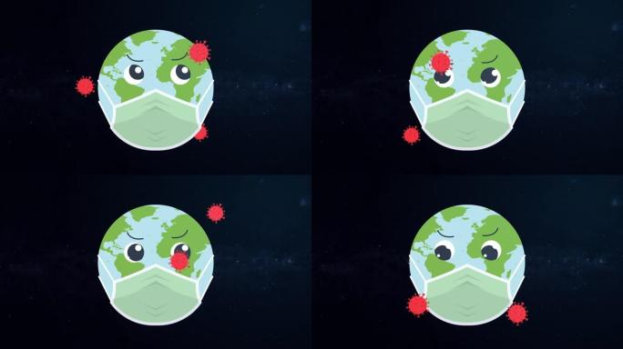 4k循环动画可爱的地球从周围的冠状病毒中带走一个面具害怕。联手帮助防止电晕病毒