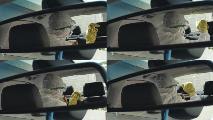 一名不知名男性在家擦拭车内座椅的4k视频片段