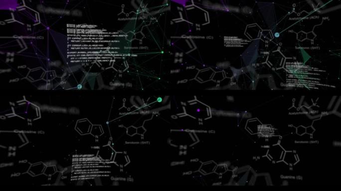 黑色背景上的科学数据处理和连接网络动画