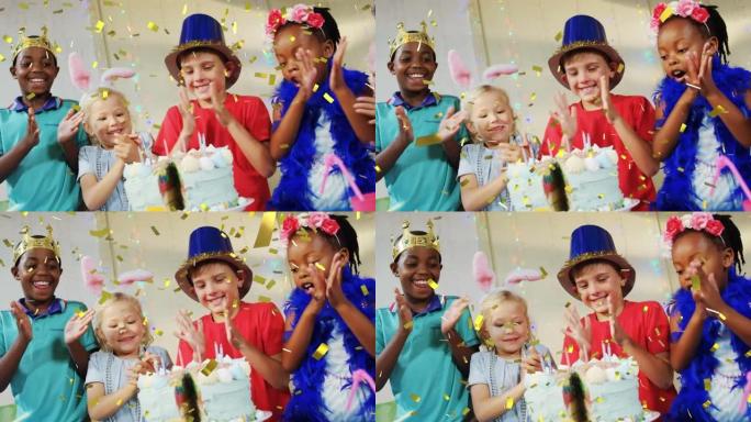 派对上戴着帽子和生日蛋糕的各种快乐儿童的金色五彩纸屑动画