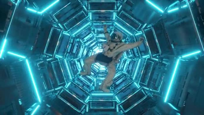 宇航员掉在宇宙飞船的走廊上。科幻未来太空隧道VJ，用于标题和背景。霓虹灯。无缝循环的4k动画