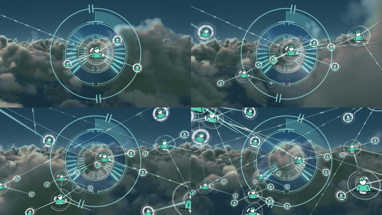 圆形扫描仪上的个人资料图标网络，蓝色背景下的乌云