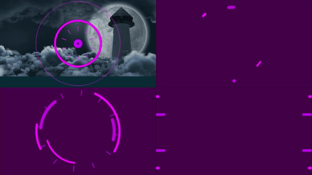 紫色瞄准镜扫描月亮和夜景的动画