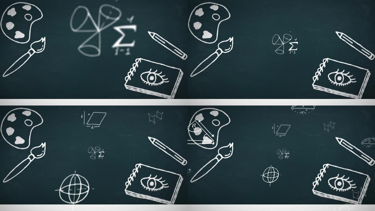 黑色背景上的数学方程和学校图标动画