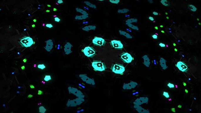 4k黑暗循环背景，具有抽象对称机制和霓虹灯，dop。用于表演或活动、展览、节日或音乐会的科幻电脑朋克