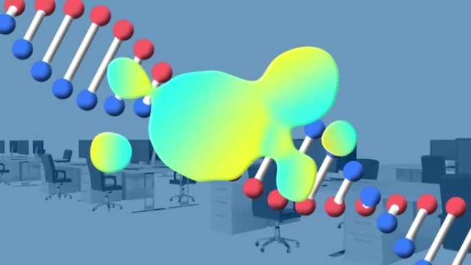 发光斑点和dna链在空荡荡的办公室上旋转的动画