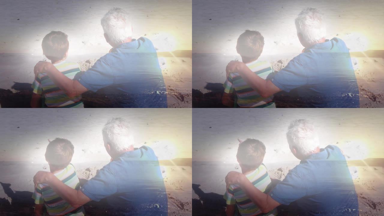 与孙子在海滩上的老人发光的动画