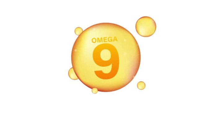 欧米茄9黄金图标。维生素滴丸胶囊。闪亮的金色精华水滴。运动图形。