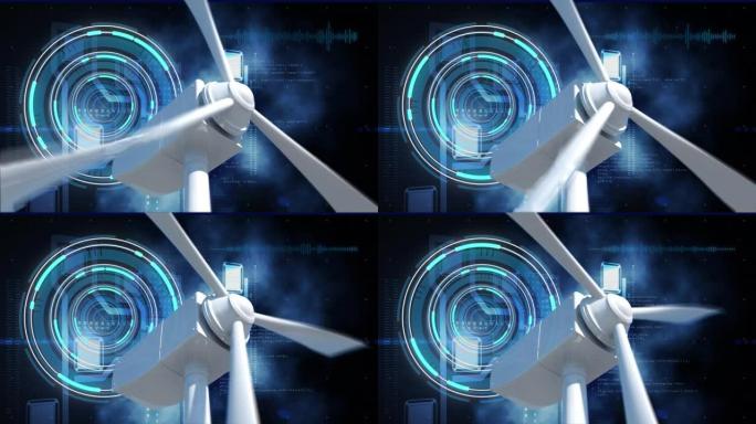 示波器扫描和风力涡轮机在数字屏幕上的动画
