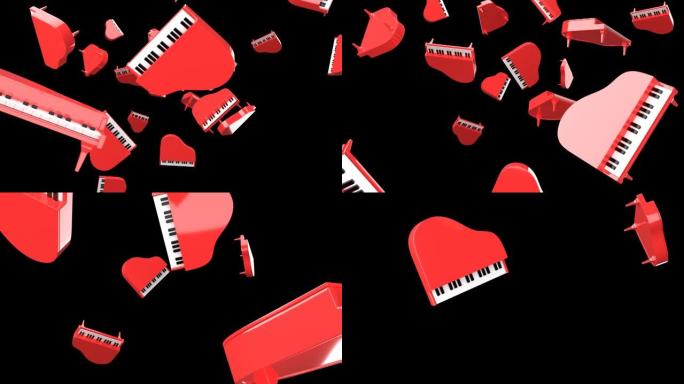 许多黑色背景上的红色钢琴。