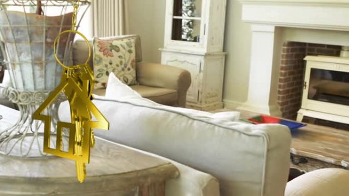 客厅悬空房屋钥匙和钥匙扣的动画