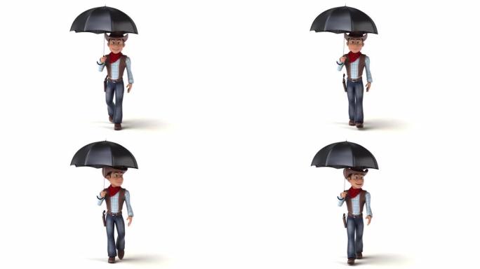 有趣的3D卡通牛仔带伞行走