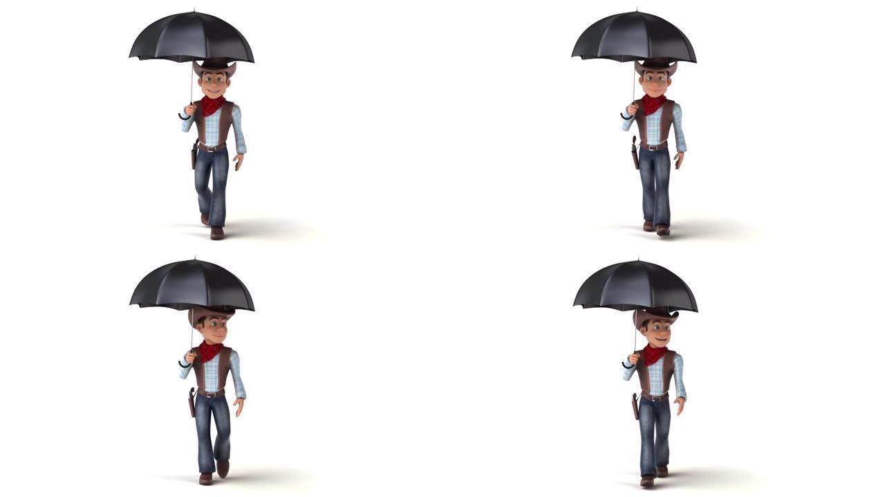 有趣的3D卡通牛仔带伞行走