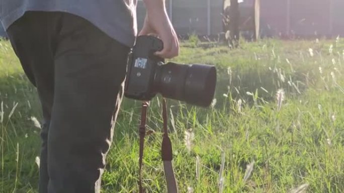 摄影师在背光的绿色草地上行走。手里拿着相机。