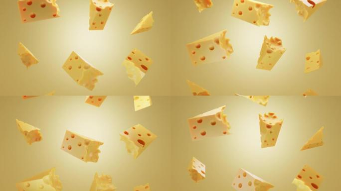 掉落的瑞士，荷兰或意大利硬奶酪块。带有孔的奶酪切达干酪的三角形块。天然农产品乳制品的广告促销，3d动