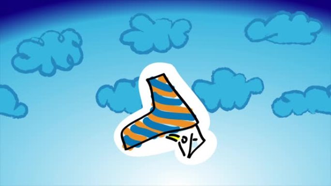 一架卡通黄蓝色悬挂式滑翔机上的人在天空中在蓝天中飞升。飞人。移动中: 云，悬挂式滑翔机。风格: 儿童